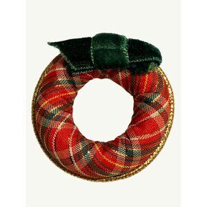 Avon Holiday Wreath Pin Vintage 1984 Christmas Plaid Fabric Brooch w/ Green Ribb